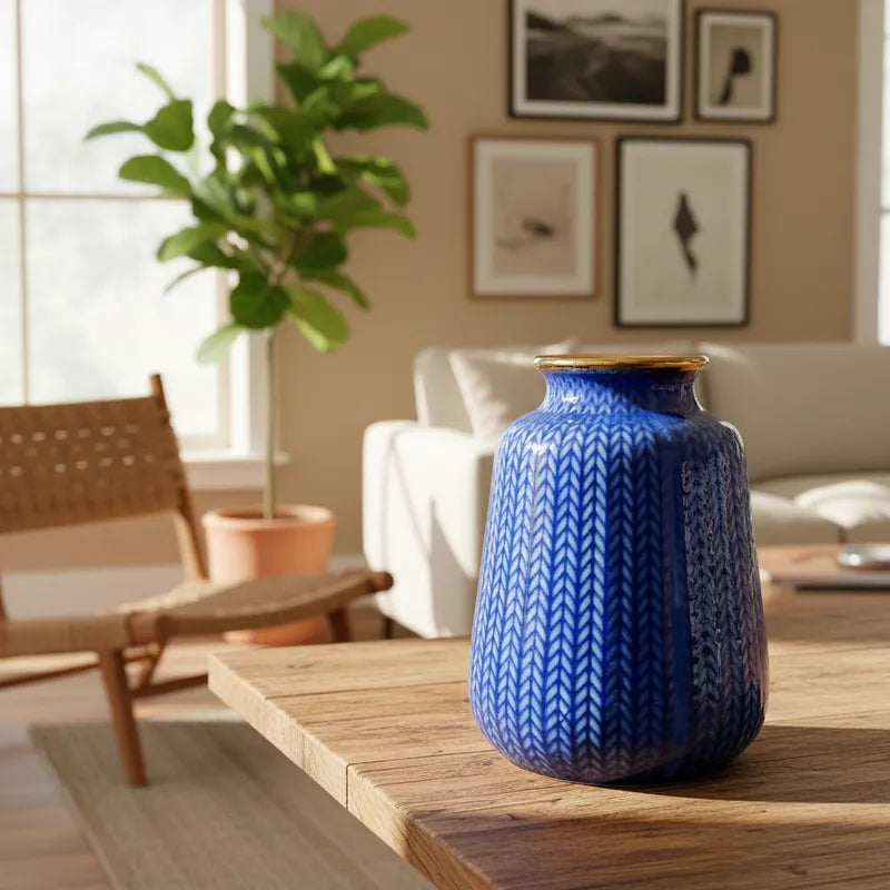 Florero Azul Borde Dorado 19cm - Diseño Espigas Florero Frank Home Chile