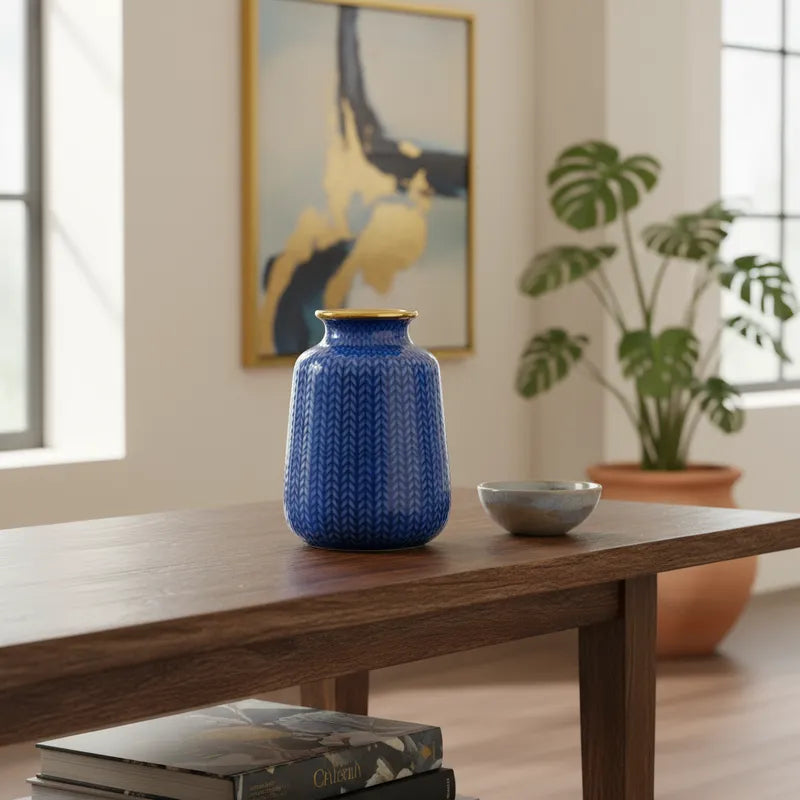 Florero Azul Borde Dorado 19cm - Diseño Espigas Florero Frank Home Chile