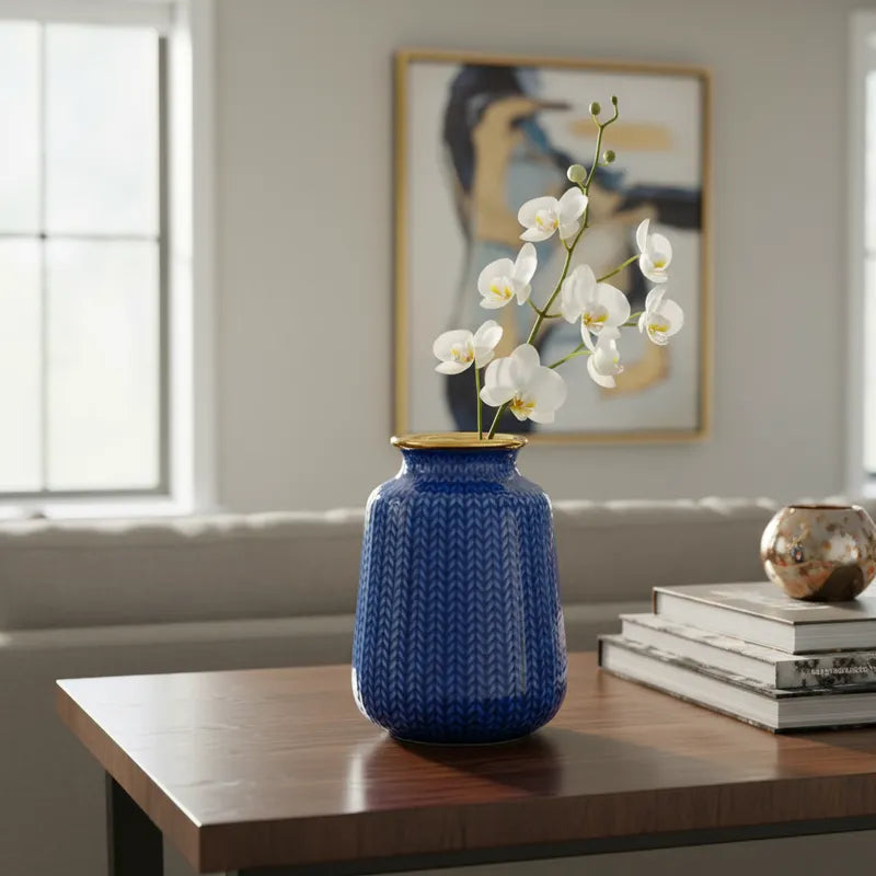 Florero Azul Borde Dorado 19cm - Diseño Espigas Florero Frank Home Chile