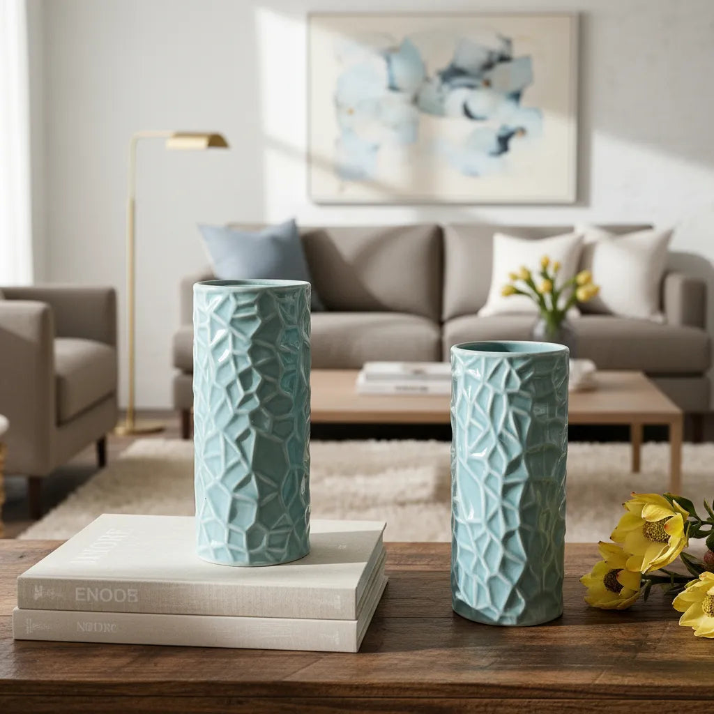 Florero Cerámica Tubo Textura Azul Florero Frank Home Chile