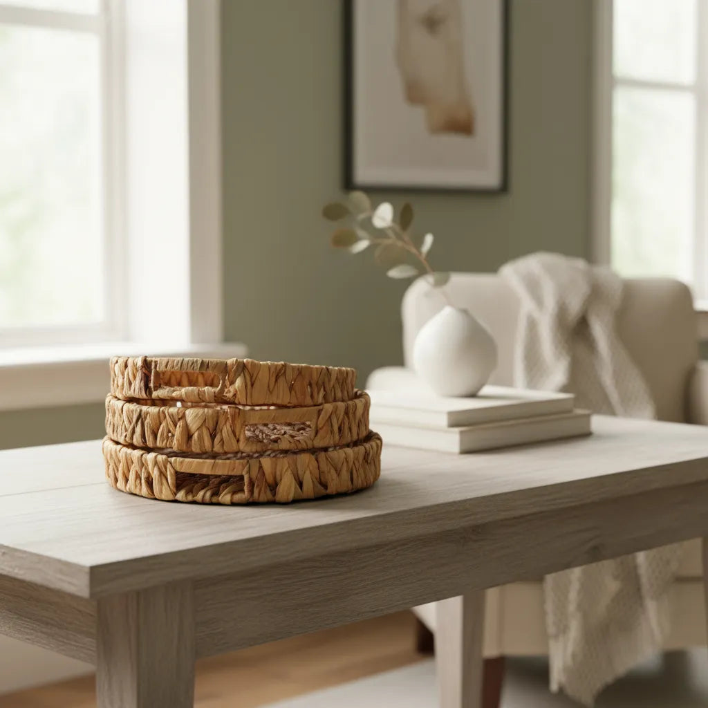 Set 3 Bandejas Tejidas Rafia 30cm, 25cm y 20cm - Redondas Canasto yute Frank Home Chile