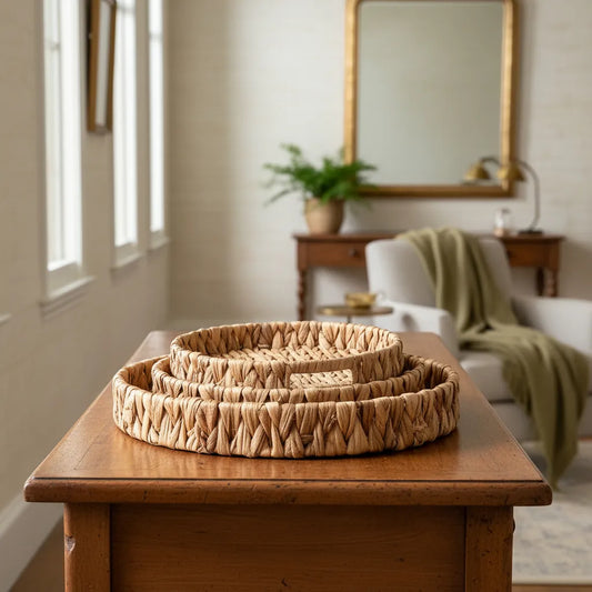 Set 3 Bandejas Tejidas Rafia 30cm, 25cm y 20cm - Redondas Canasto yute Frank Home Chile