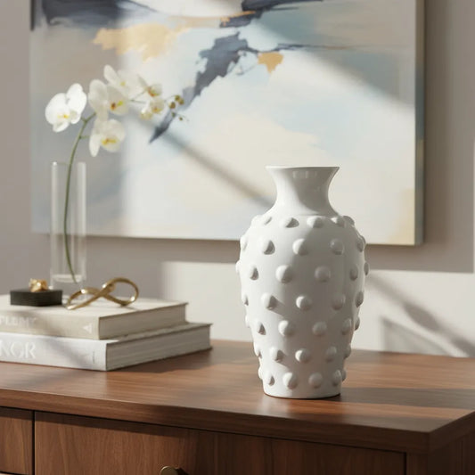 Jarrón Cerámica Blanco Relieve Florero Frank Home Chile