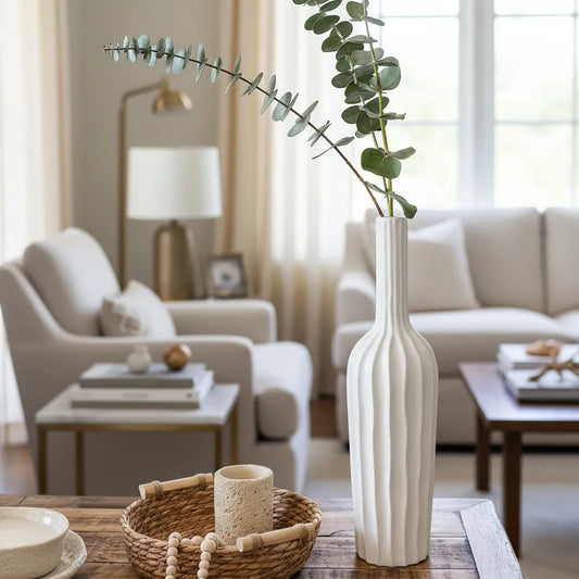 Florero Botella Acanalado Cerámica Esbelto 45cm - Elegancia Refinada Florero Frank Home Chile