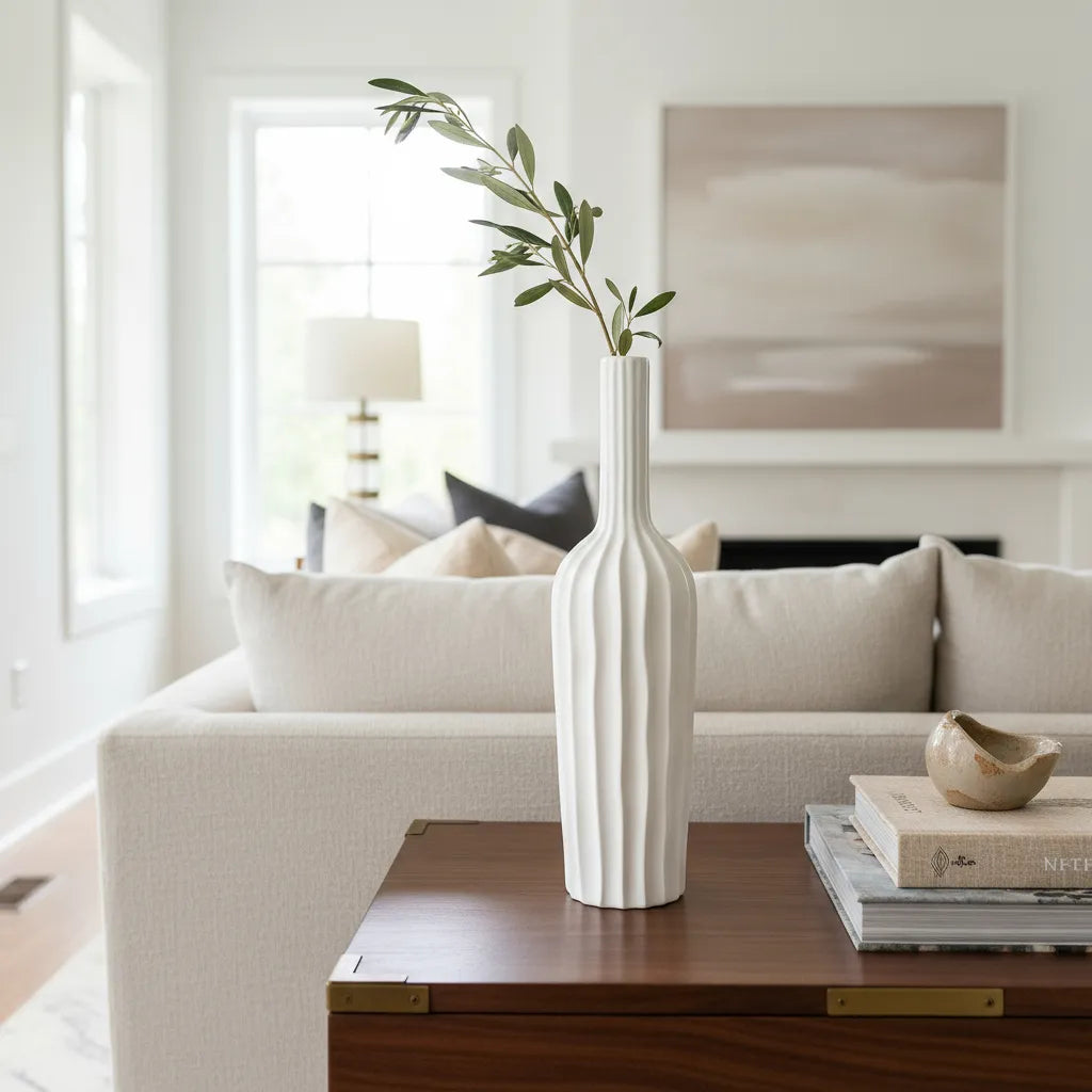 Florero Botella Acanalado Cerámica Esbelto 45cm - Elegancia Refinada Florero Frank Home Chile