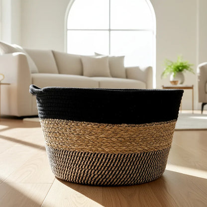 Canasto Tejido Algodón y Yute Beige Negro 42cm Canasto Frank Home Chile