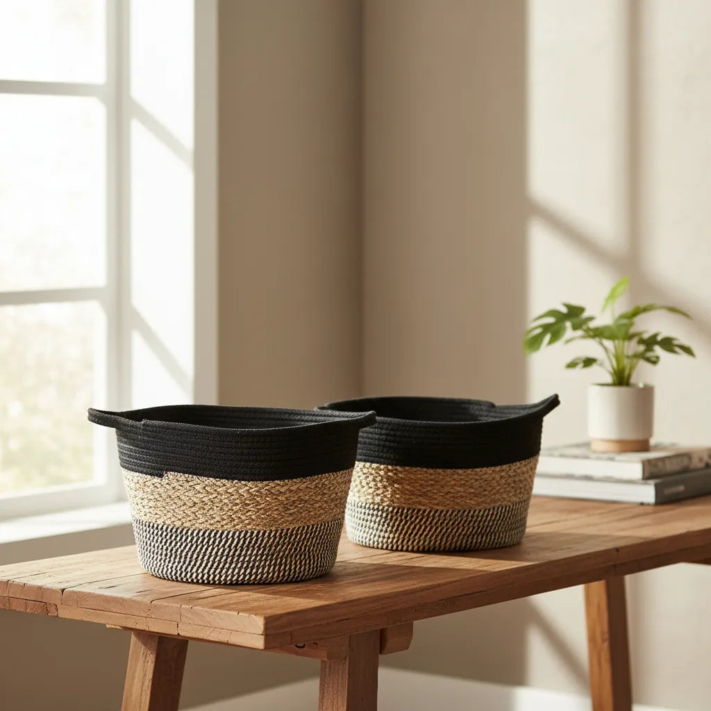 Canasto Tejido Algodón y Yute Beige Negro 42cm Canasto Frank Home Chile