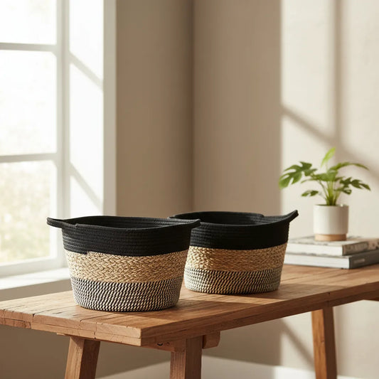 Canasto Tejido Algodón y Yute Beige Negro 42cm Canasto Frank Home Chile