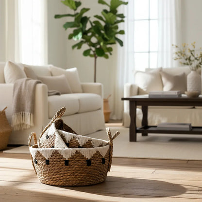 Set 3 Canastos Yute Bordado Blanco y Negro - Organizadores Elegantes Canasto yute Frank Home Chile