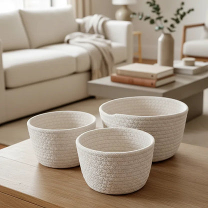 Set 3 Canastos Algodón Blancos 22cm, 18cm y 16cm - Organizadores Canasto yute Frank Home Chile