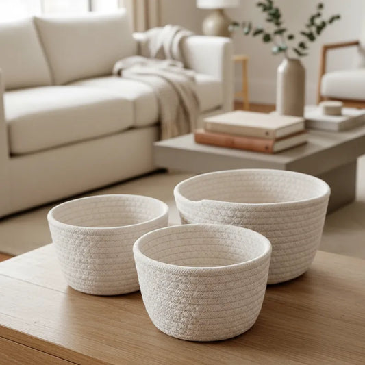 Set 3 Canastos Algodón Blancos 22cm, 18cm y 16cm - Organizadores Canasto yute Frank Home Chile