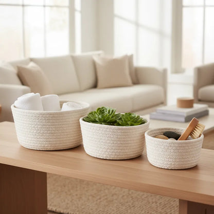Set 3 Canastos Algodón Blancos 22cm, 18cm y 16cm - Organizadores Canasto yute Frank Home Chile