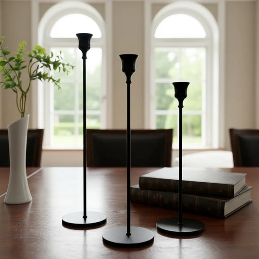 Set 3 Candelabros Altos Metal Negro 33cm, 28cm y 23cm - Elegantes Candelabro Frank Home Chile