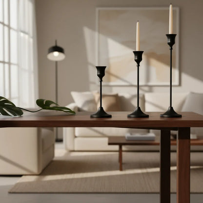 Set 3 Candelabros Altos Metal Negro 33cm, 28cm y 23cm - Elegantes Candelabro Frank Home Chile