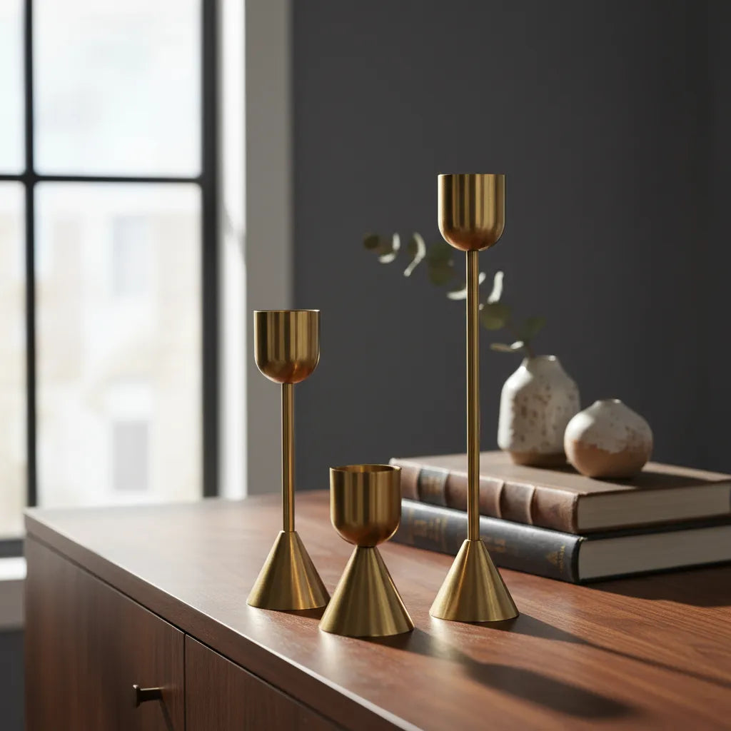 Set 3 Candelabros Dorado Envejecido 19cm, 13cm y 6.5cm - Vintage Candelabro Frank Home Chile