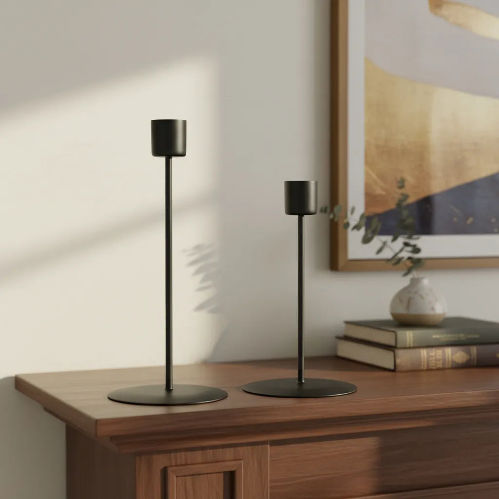 Set 2 Candelabros Metálicos Negros 21cm y 17cm - Minimalistas Candelabro Frank Home Chile