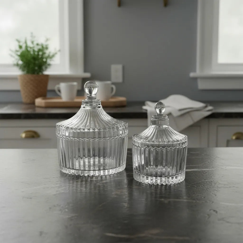 Set 2 Canister Vidrio Listado 11cm y 9cm - Almacenaje Elegante frasco Frank Home Chile