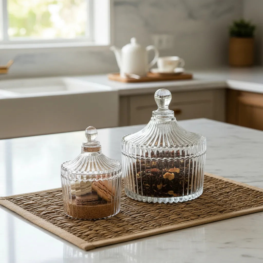 Set 2 Canister Vidrio Listado 11cm y 9cm - Almacenaje Elegante frasco Frank Home Chile