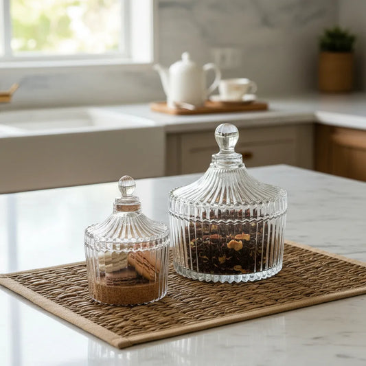 Set 2 Canister Vidrio Listado 11cm y 9cm - Almacenaje Elegante frasco Frank Home Chile