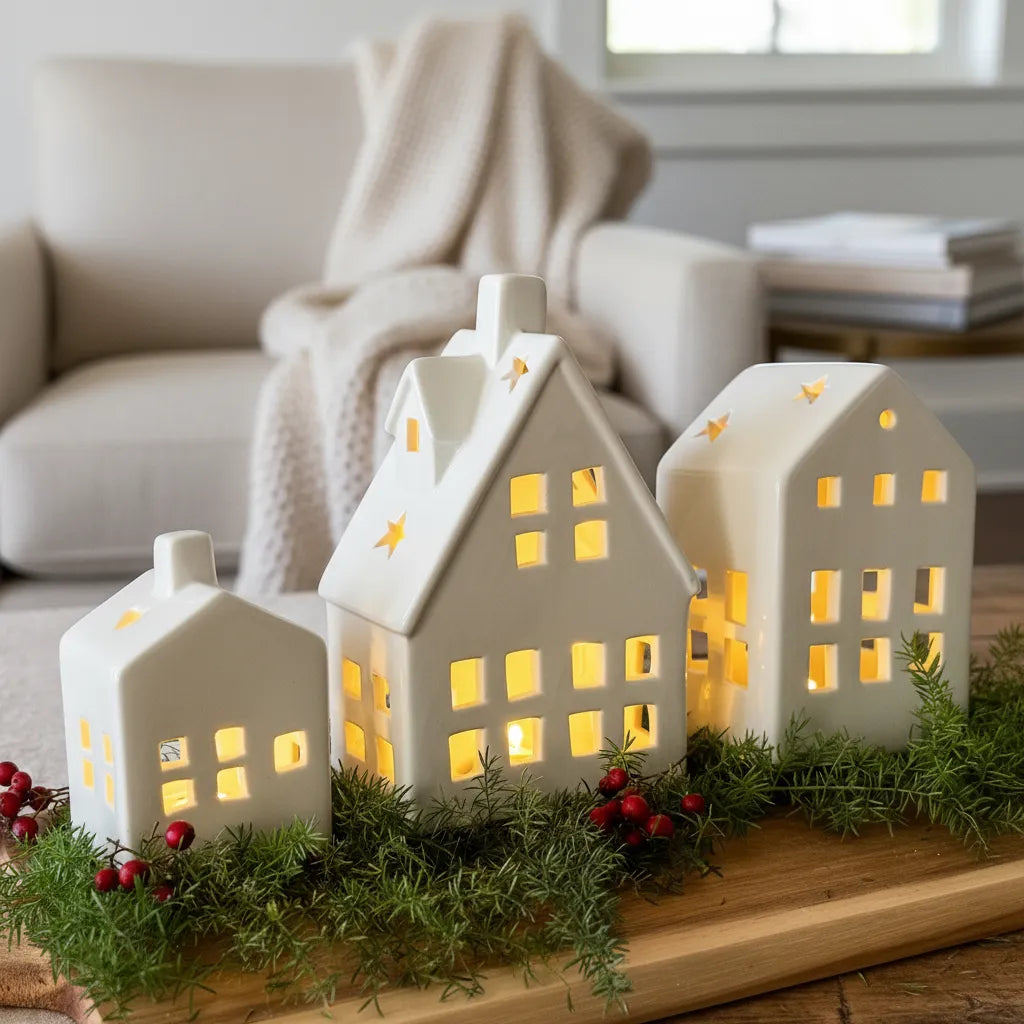 Set 3 Casas Cerámica con Luz Villa Navideña 16.5cm - Iluminadas Adorno Frank Home Chile
