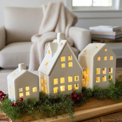 Set 3 Casas Cerámica con Luz Villa Navideña 16.5cm - Iluminadas Adorno Frank Home Chile