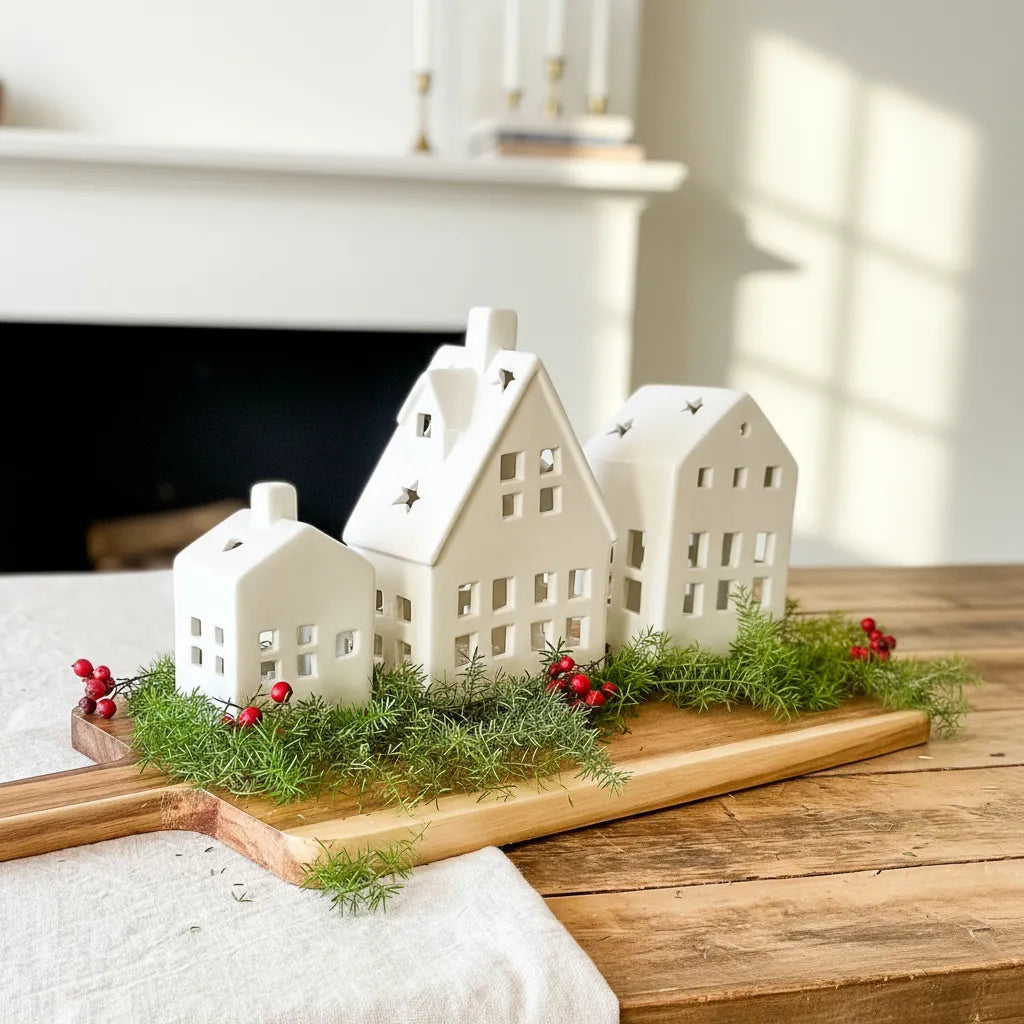 Set 3 Casas Cerámica con Luz Villa Navideña 16.5cm - Iluminadas Adorno Frank Home Chile