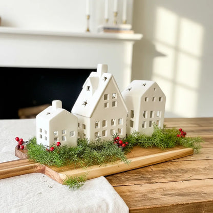 Set 3 Casas Cerámica con Luz Villa Navideña 16.5cm - Iluminadas Adorno Frank Home Chile