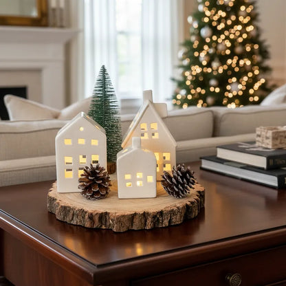 Set 3 Casas Cerámica con Luz Villa Navideña 16.5cm - Iluminadas Adorno Frank Home Chile