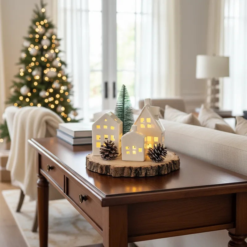 Set 3 Casas Cerámica con Luz Villa Navideña 16.5cm - Iluminadas Adorno Frank Home Chile