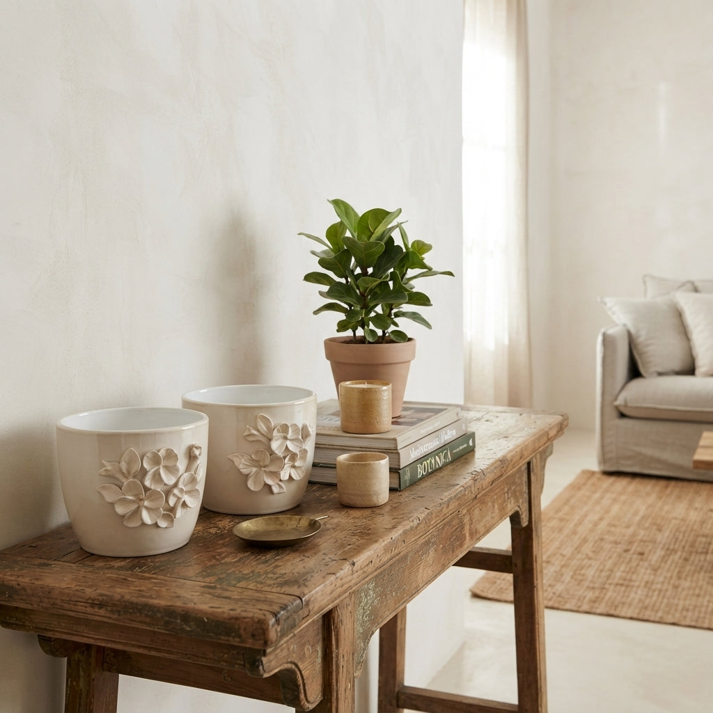 Set 2 Porta Macetero con Relieve Floral Porta Macetero Frank Home Chile