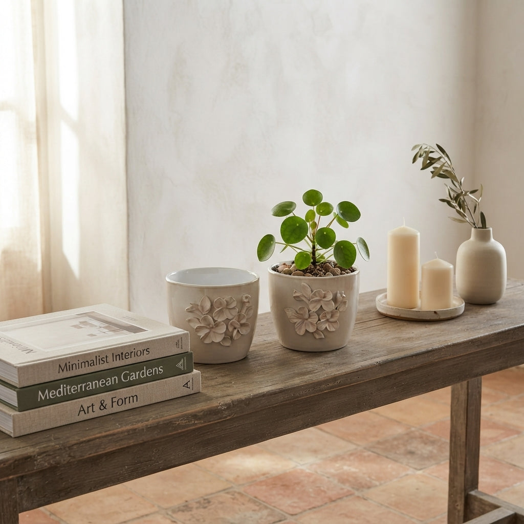 Set 2 Porta Macetero con Relieve Floral Porta Macetero Frank Home Chile