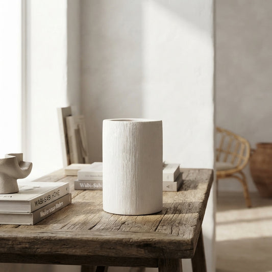 Jarrón Cilíndrico Cerámica Texturada Blanco 15 y 9 cm - Diseño Minimalista Florero Frank Home Chile