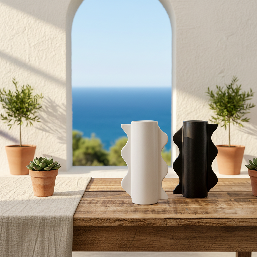 Florero Ondas Cerámica 21cm - Blanco o Negro Artesanal Florero Frank Home Chile