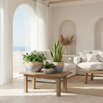 Set 3 Maceteros Cerámica Esmaltada Celeste - Textura Orgánica Macetero Frank Home Chile