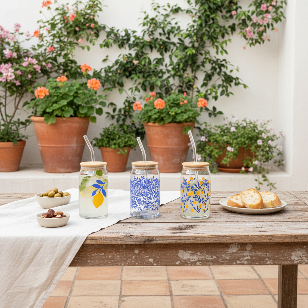 Vaso Vidrio con Bombilla y Tapa Bambú 480ml - Diseño Limón Vasos Frank Home Chile