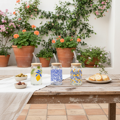 Vaso Vidrio con Bombilla y Tapa Bambú 480ml - Diseño Limón Vasos Frank Home Chile