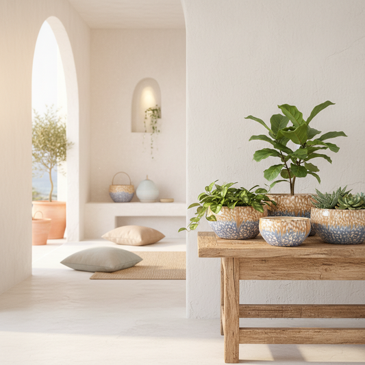 Set 3 Maceteros Cerámica Esmaltada Celeste - Textura Orgánica Macetero Frank Home Chile