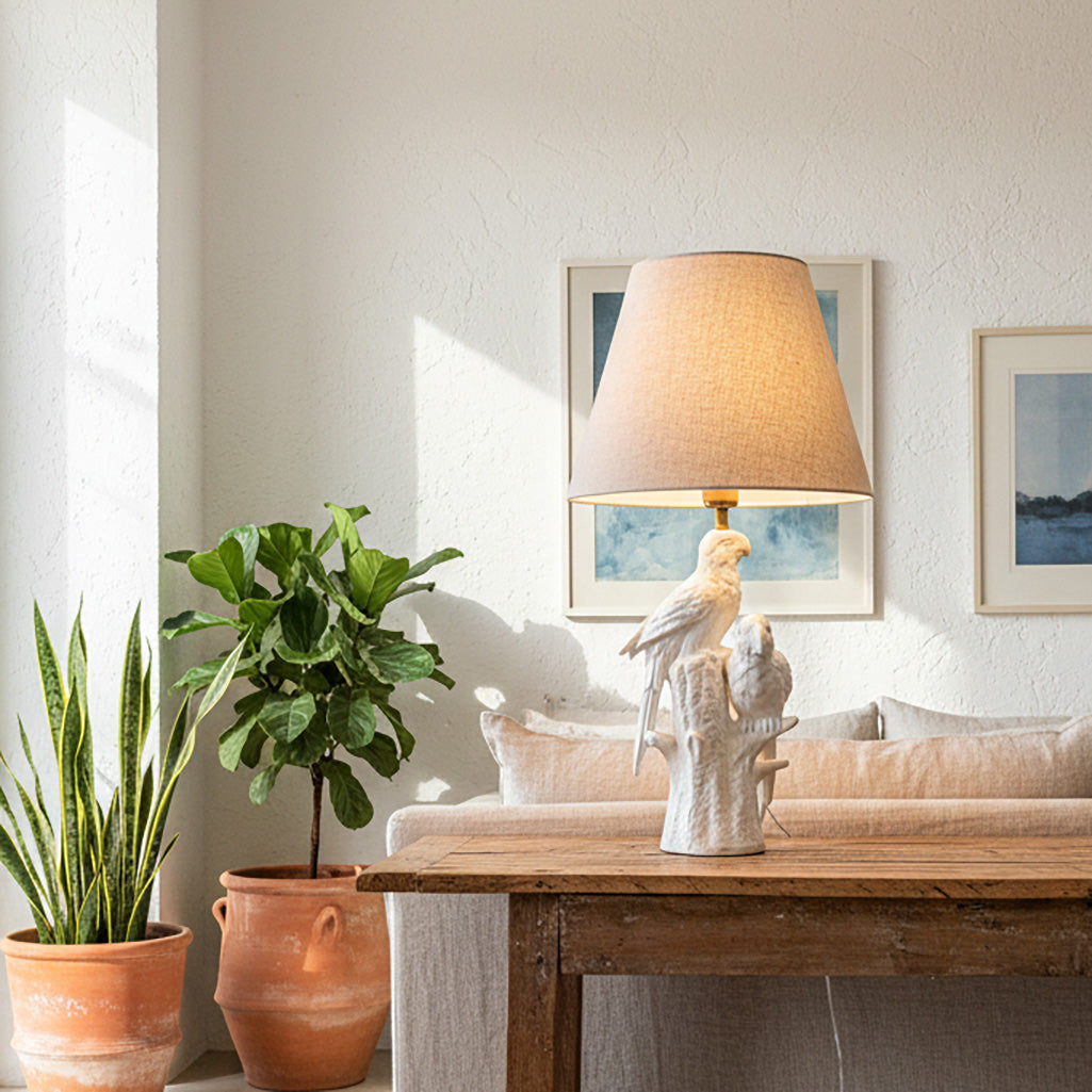 Lámpara Base Cerámica Esmaltada Pájaros Pantalla Beige Lampara de mesa y escritorio Frank Home Chile