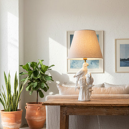 Lámpara Base Cerámica Esmaltada Pájaros Pantalla Beige Lampara de mesa y escritorio Frank Home Chile