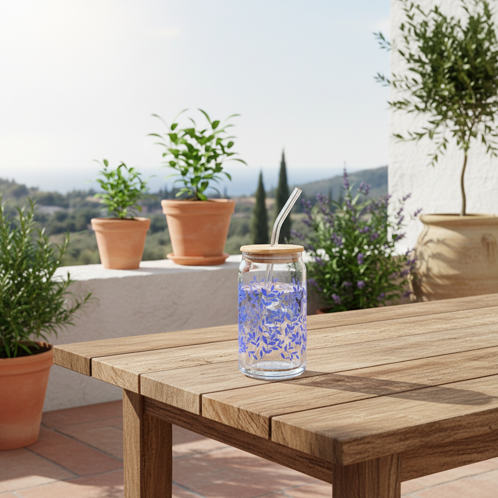 Vaso Vidrio con Bombilla y Tapa Bambú 480ml - Diseño Limón Azul Vasos Frank Home Chile