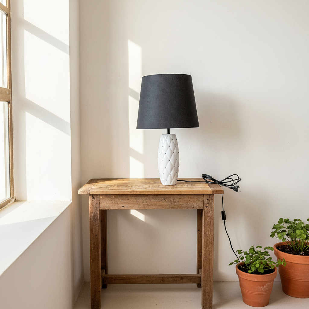Lámpara de Mesa Cerámica Esmaltada Capitoné Pantalla Negra Lampara de mesa Frank Home Chile