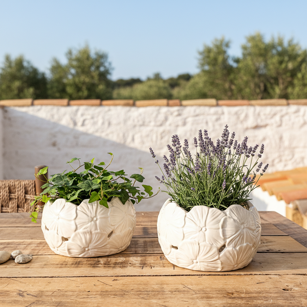 Porta Macetero Cerámica Flores - Diseño Artesanal Decorativo Porta Macetero Frank Home Chile