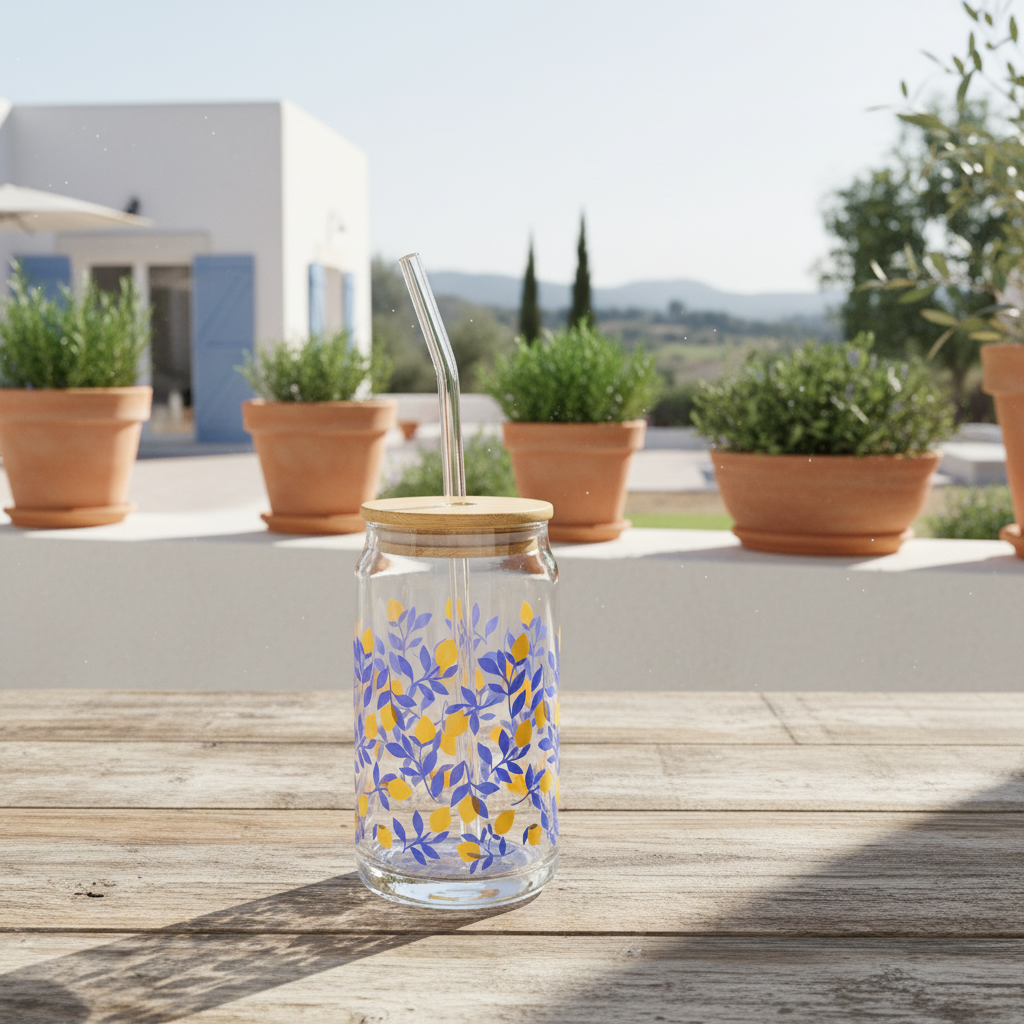 Vaso Vidrio con Bombilla y Tapa Bambú 480ml - Diseño Limón Vasos Frank Home Chile