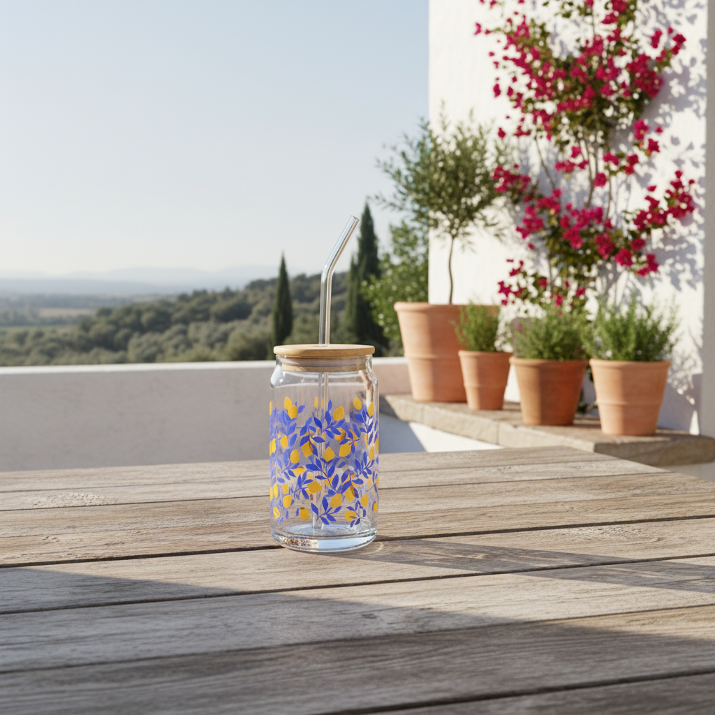 Vaso Vidrio con Bombilla y Tapa Bambú 480ml - Diseño Limón Amarillo Vasos Frank Home Chile