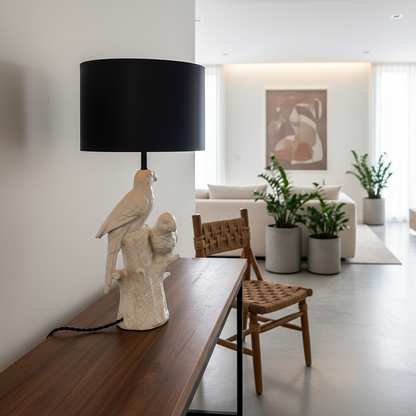Lámpara Base Cerámica Esmaltada Pájaros Pantalla Negra Interior Dorado Lampara de mesa y escritorio Frank Home Chile