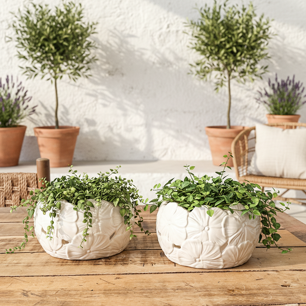 Porta Macetero Cerámica Flores - Diseño Artesanal Decorativo Porta Macetero Frank Home Chile