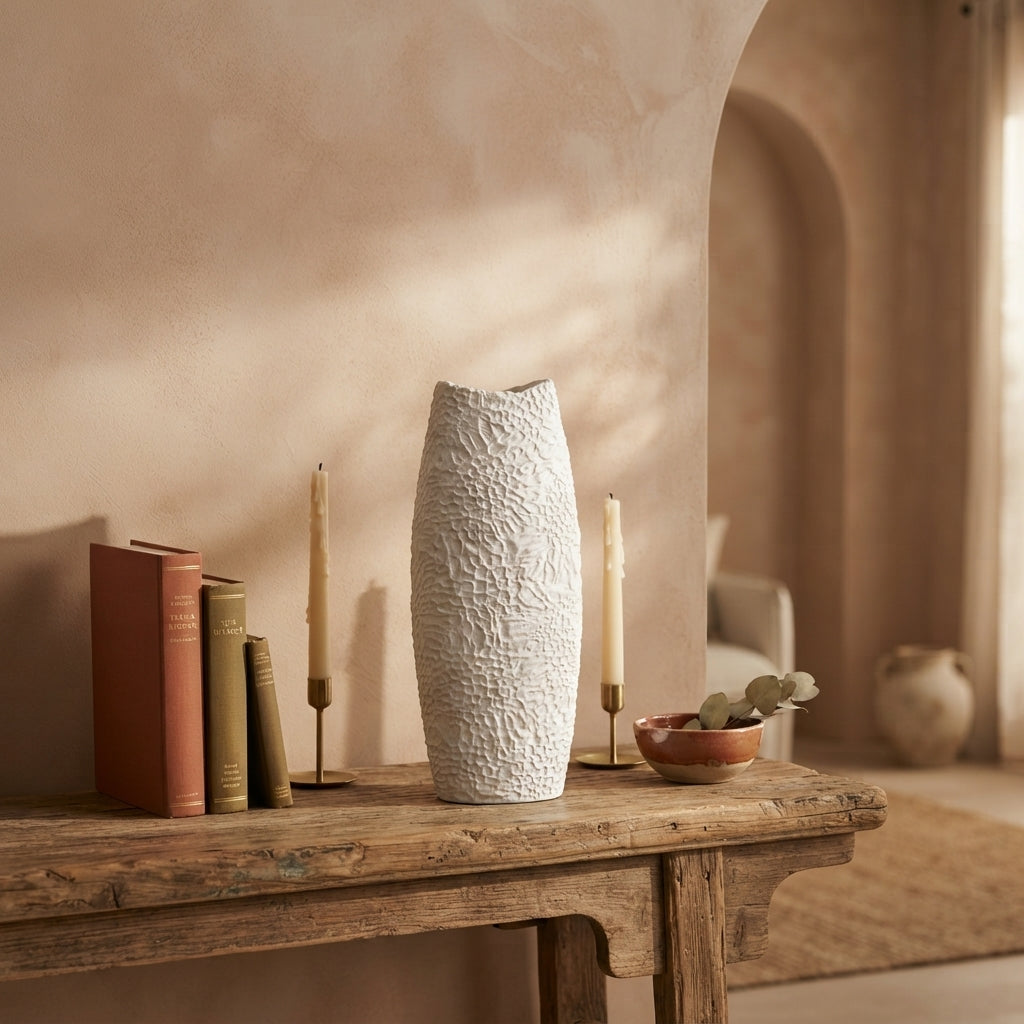 Florero Cerámica Tornasolada Relieve Beige 43 cm