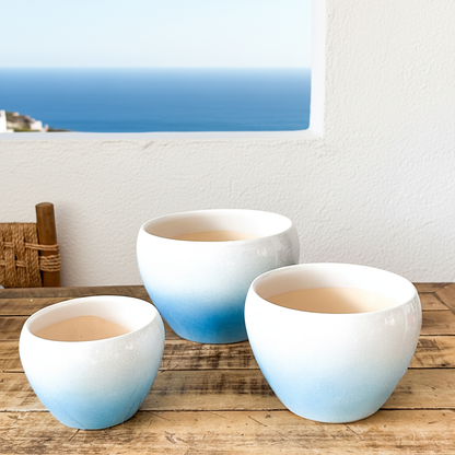 Set 3 Maceteros Cerámica Azul Degradado - Diseño Elegante Macetero Frank Home Chile