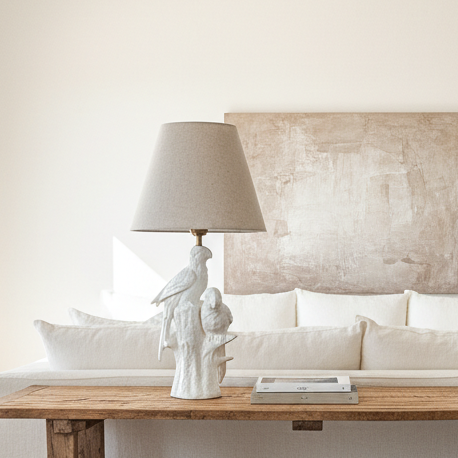 Lámpara Base Cerámica Esmaltada Pájaros Pantalla Beige Lampara de mesa y escritorio Frank Home Chile