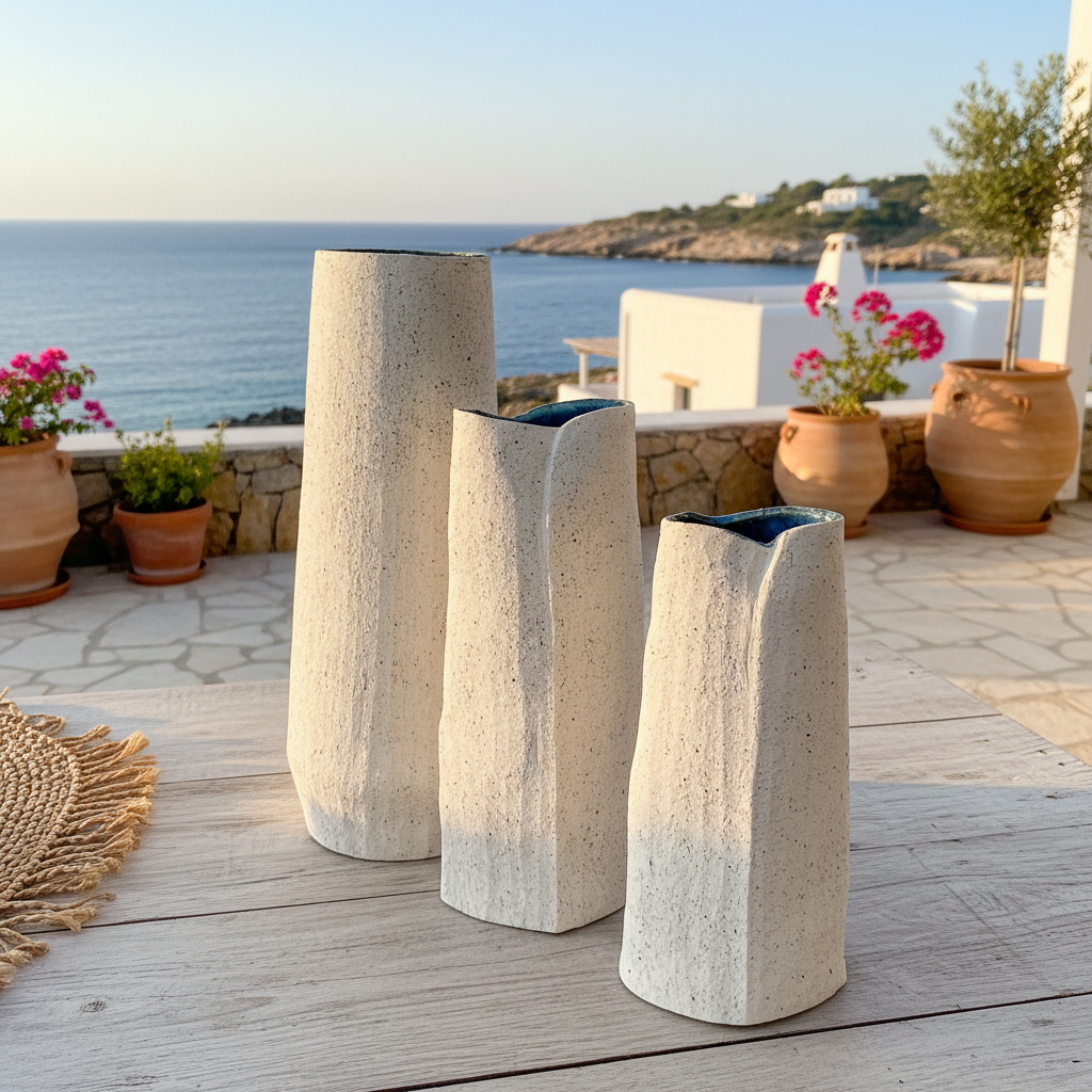 Florero Cerámica Textura Blanca Interior Azul Capas 30cm Florero Frank Home Chile